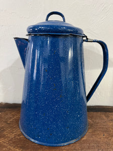 Vintage Enamelware 1990s Blue Speckled Large Coffee Pot Kettle Camping Farmhouse